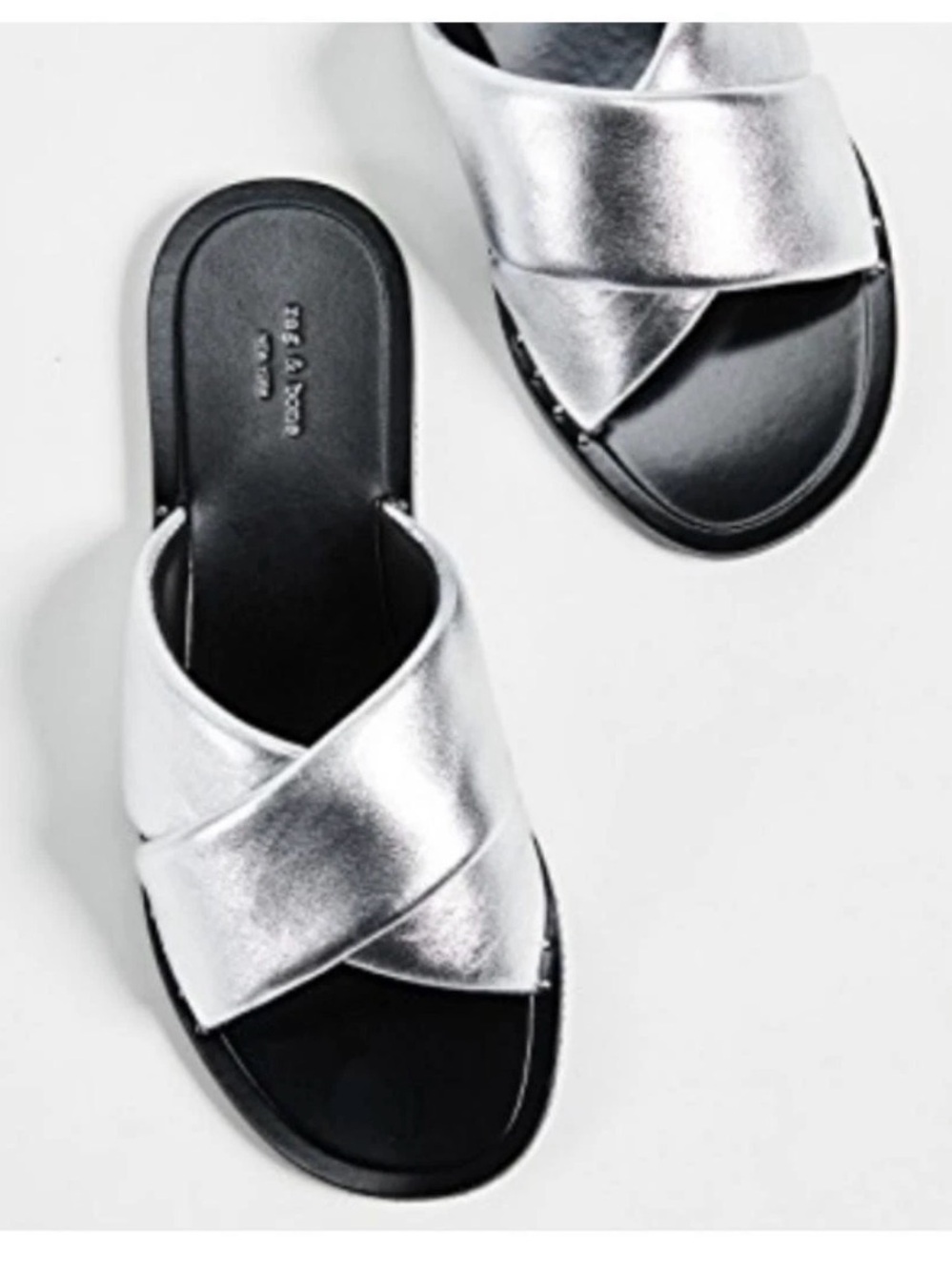 rag & bone Keaton Silver Metallic Crisscross Slide Sandals size 36 never worn